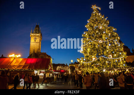 Prague Christmas market Old Town Square, Town Hall Tower, Christmas tree Prague, Czech Republic at night a distinctive atmosphere Stock Photo