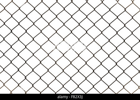 Rusty chain link fencing isolated on white background, metal fence diamond pattern Stock Photo