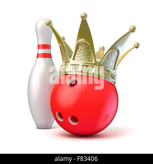 Golden crown on bowling ball and pin. 3D render illustration isolated on white background Stock Photo