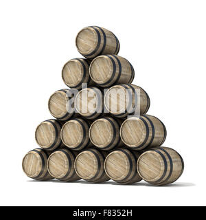 Group of wooden wine barrels. 3D render illustration isolated over white background Stock Photo