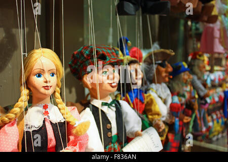 Traditional puppets made of wood. Shop in Prague - Czech Republic Stock Photo