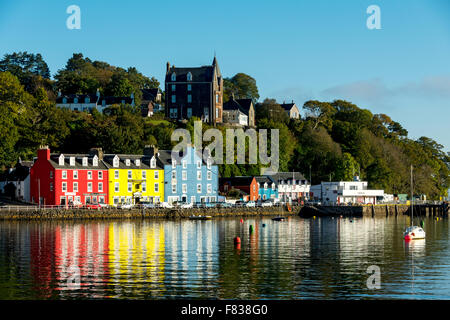 Colourful buildings on Main Street, Tobermory, over the harbour, Isle of Mull, Argyll and Bute, Scotland, UK. Stock Photo