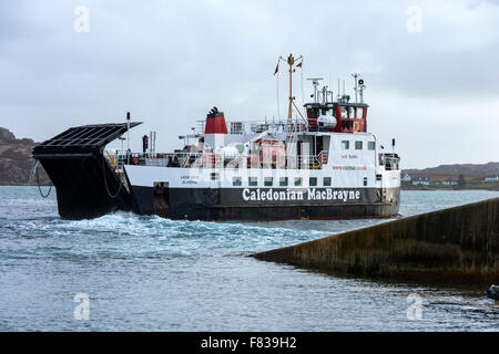 The Caledonian MacBrayne (Calmac) ferry the 'Loch Buidhe' leaving the Isle of Iona, Inner Hebrides, Scotland, UK Stock Photo