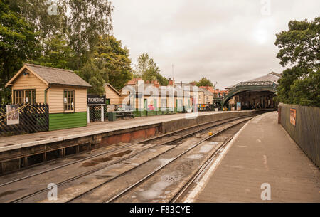 View of the railway platform and station at Pickering,North Yorkshire,England showing lines,footbridge and buildings Stock Photo