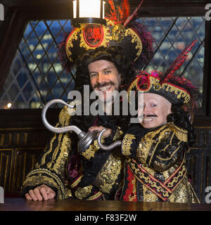 Marcus Brigstocke and Verne Troyer. Photocall aboard the Golden Hinde II for the Peter Pan Christmas panto at the New Wimbledon Theatre. The show runs from 5 December 2015 to 10 January 2016.  with Verne Troyer as Lofty the Pirate, Marcus Brigstocke as Captain Hook, Jarred Christmas as Smee, George Ure as Peter Pan and Flawless as Pirate Crew. Stock Photo