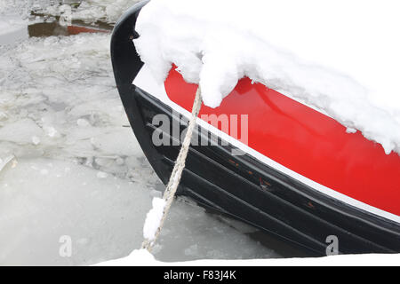 Canal barges on Llangollen canal in March after heavy snow and icy conditions in Wales Stock Photo