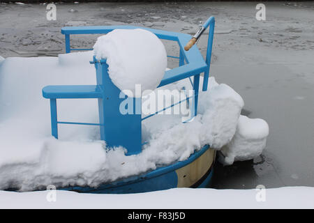 Canal barges on Llangollen canal in March after heavy snow and icy conditions in Wales Stock Photo