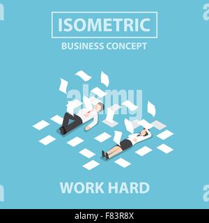 Isometric businessman and businesswoman work hard and unconscious on the floor, Flat 3d web isometric design, VECTOR, EPS10 Stock Vector