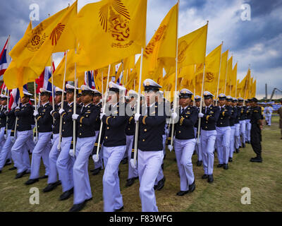 Bangkok, Thailand. 5th Dec, 2015. Royal Thai Air Force cadets participate in a parade of the King's Birthday on Sanam Luang in Bangkok. Thais marked the 88th birthday of Bhumibol Adulyadej, the King of Thailand, Saturday. The King was born on December 5, 1927, in Cambridge, Massachusetts. The family was in the United States because his father, Prince Mahidol, was studying Public Health at Harvard University. He has reigned since 1946 and is the world's currently the longest serving monarch in the world and the longest serving monarch in Thai history. Credit:  ZUMA Press, Inc./Alamy Live News Stock Photo