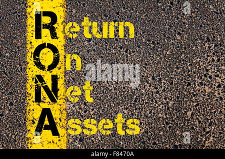 Concept image of Accounting Business Acronym RONA Return On Net Assets written over road marking yellow paint line. Stock Photo