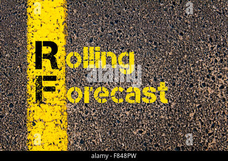 Concept image of Accounting Business Acronym RF Rolling Forecast written over road marking yellow paint line. Stock Photo