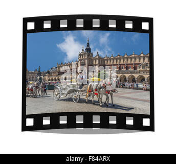 Horse-drawn carriages await tourists on the Krakow Cloth Hall, of the Main Market Square, Poland, Lesser Poland, Europe Stock Photo