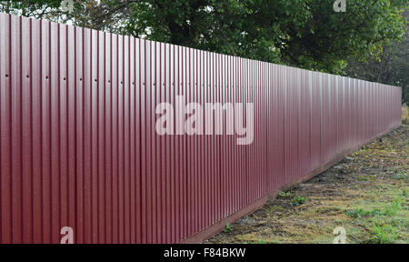 Diagonal pattern of metal profile. Fences from the galvanized iron painted by a polymeric covering. Stock Photo