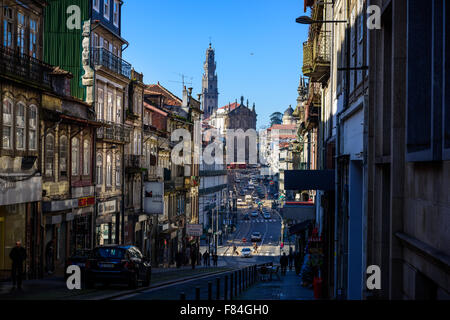 PORTO, PORTUGAL - 26 NOVEMBER 2015: the long Rua Clerigos with the Clerigos Church. This Church has the highest tower in Porto f Stock Photo