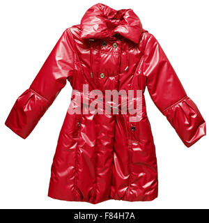Thick padded, red, warm, long, winter childrens jacket. Stylish and bright on a white back ground. Stock Photo