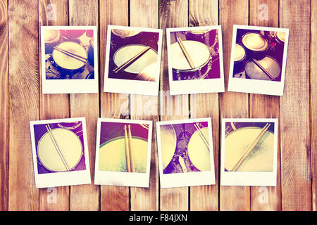 Drums conceptual image. Drums and drumsticks on the polaroid photo frames. Retro vintage instagram picture. Stock Photo
