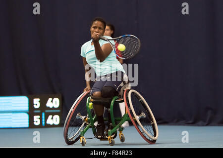 Queen Elizabeth Olympic Park, London, UK. 05th Dec, 2015. Women’s Singles 7th/8th Place. K. Montjane (RSA) Pictured here returning Serve, she beat L. Shuker (GBR). Credit:  pmgimaging/Alamy Live News Stock Photo
