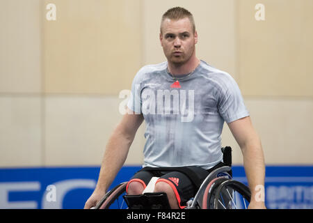 Queen Elizabeth Olympic Park, London, UK. 05th Dec, 2015. Men’s 7th/8th Place  M. Scheffers (NED) pictured taking a breather  he went on to beat T. Sanada (JPN). Credit:  pmgimaging/Alamy Live News Stock Photo