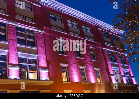 Brightly illuminated building in the Gastown district of Vancouver, Canada Stock Photo