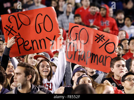 San Diego, California, USA. 5th Dec, 2015. Aztec fans hold up signs supporting their favorite players during the Mountain West Conference Championship NCAA football game between the San Diego State University Aztecs and the United States Air Force Academy Falcons at Qualcomm Stadium in San Diego, California. SDSU Aztecs defeat the United States Air Force Falcons 27 - 24. Justin Cooper/CSM/Alamy Live News Stock Photo