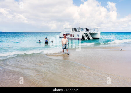 Tourist learn to snorkel on Turtle Beach, Buck Island, U.S. Virgin Islands, near a charter boat anchored in the Caribbean. Stock Photo