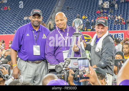 December 5, 2015 - Alcorn head coach Jay Hodson (r) displays the SWAC ...