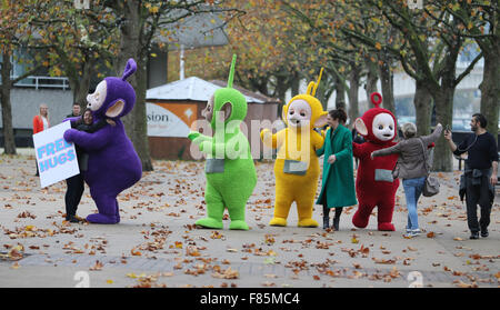 Teletubbies on the south bank giving away hugs outside ITV Studios  Featuring: Teletubbies Where: London, United Kingdom When: 05 Nov 2015 Stock Photo