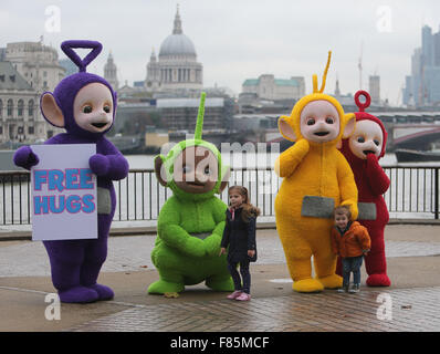 Teletubbies on the south bank giving away hugs outside ITV Studios  Featuring: Teletubbies Where: London, United Kingdom When: 05 Nov 2015 Stock Photo