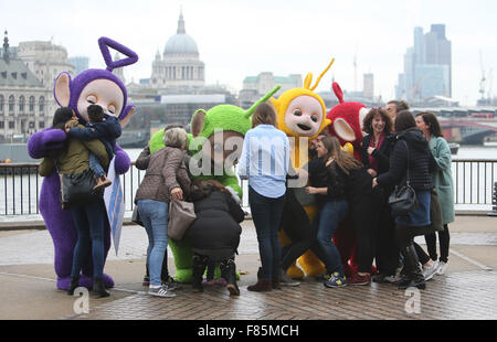 Teletubbies on the south bank giving away hugs outside ITV Studios  Featuring: Teletubbies Where: London, United Kingdom When: 05 Nov 2015 Stock Photo