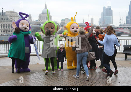 Teletubbies on the south bank giving away hugs outside ITV Studios  Featuring: Teletubbies Where: London, United Kingdom When: 05 Nov 2015 Stock Photo