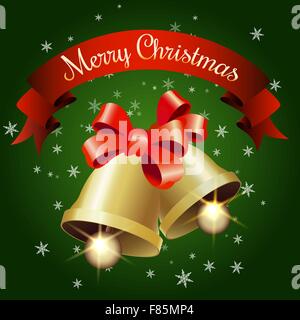 Jingle bells with red bow and Ribbon on a green background. Stock Vector