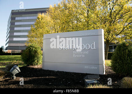 A logo sign outside of the headquarters of Starwood Hotels and Resorts Worldwide, Inc. in Stamford, Connecticut on November 20,  Stock Photo