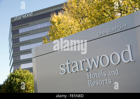 A logo sign outside of the headquarters of Starwood Hotels and Resorts Worldwide, Inc. in Stamford, Connecticut on November 20,  Stock Photo