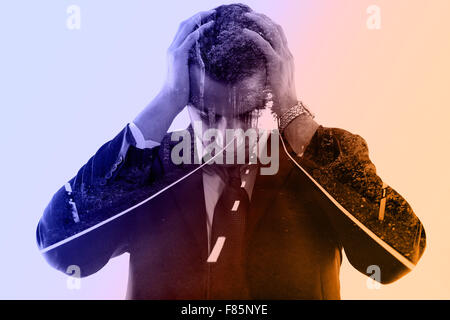 double exposure of business man and nature road way. Portrait of a young businessman looking depressed from work isolated over w Stock Photo