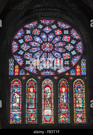 Stained glass within the rose window  in the north transept of Chartres cathedral,  Eure-et-Loir, France, Europe Stock Photo
