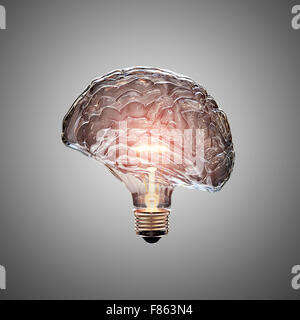 Glowing Light Bulb with the glass shaped as a Brain. This 3D image is conceptual of an active, creative, thinking mind or idea Stock Photo