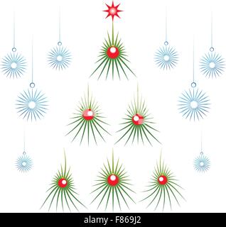 Set of abstract green Christmas tree with red balls and snowflakes. EPS10 vector illustration Stock Vector