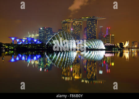 Night scene of the city skyline of Singapore showing the Flower Dome and Cloud Forest domes and Supertrees Grove in the Gardens Stock Photo
