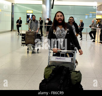Crobot, a nominee for the Classic Rock Roll Of Honour in the category of 'Best New Band’, arrive at Heathrow airport to begin their first headline tour of the U.K. and Europe.  Featuring: Paul Figueroa, Brandon Yeagley, Chris Bishop Where: London, United Stock Photo