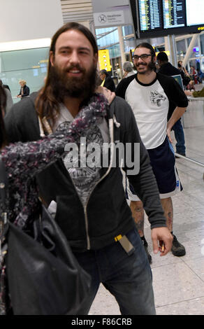 Crobot, a nominee for the Classic Rock Roll Of Honour in the category of 'Best New Band’, arrive at Heathrow airport to begin their first headline tour of the U.K. and Europe.  Featuring: Paul Figueroa, Brandon Yeagley Where: London, United Kingdom When: Stock Photo