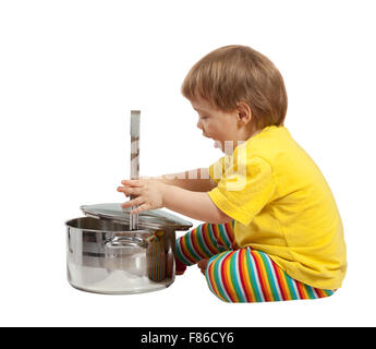 Baby cook with  pan. Isolated over white background Stock Photo