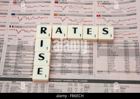 Rates Rise spelt on Financial Times Stock Photo