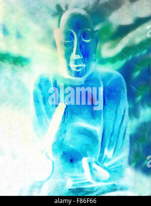 Buddha silhouette in lotus position against colorful grunge background Stock Photo
