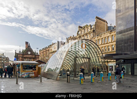 Glasgow Xmas market December 2015 in St. Enoch Square Glasgow Scotland with Subway entrance right Stock Photo