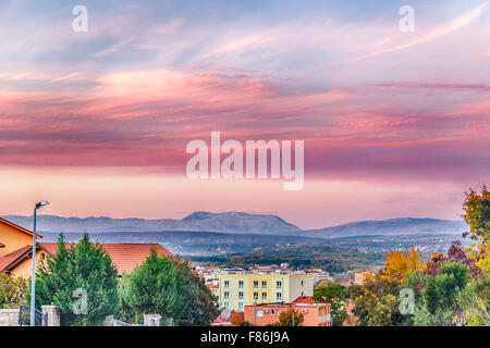 sunset on the houses of medjugorje Stock Photo