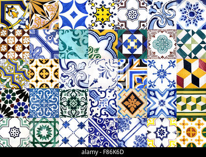 Closeup detail of old Portuguese glazed tiles. Stock Photo