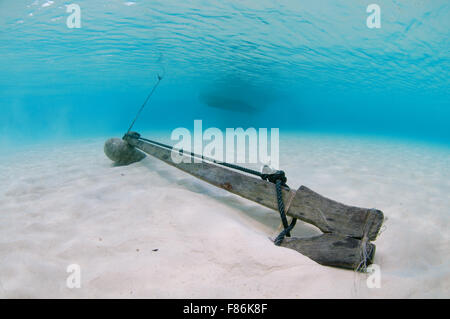 Traditional wooden anchor on the sandy bottom, South China Sea, Redang Island, Malaysia, Asia Stock Photo