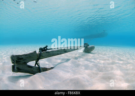 Traditional wooden anchor on the sandy bottom, South China Sea, Redang Island, Malaysia, Asia Stock Photo