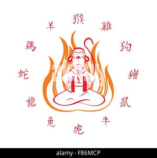 Monkey sitting in in the fire. Translation of hieroglyphs- monkey, rooster, dog, pig, rat, ox, tiger, rabbit, dragon, snake, horse, goat. EPS10 vector illustration Stock Vector