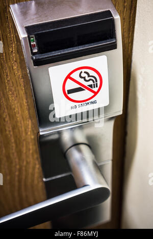 Picture of no smoking sign on a hotel room electronic door lock handle Stock Photo